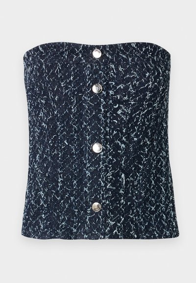 Corset sans bretelles en tissu texturé bleu foncé avec des éclats bleu clair et cinq boutons-pression argentés alignés au centre devant.