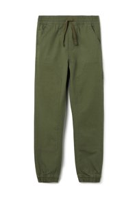 Pantalons de jogging en coton vert avec une taille élastique, un cordon de serrage et des bas de jambe effilés, dotés de poches latérales et de détails en patch.