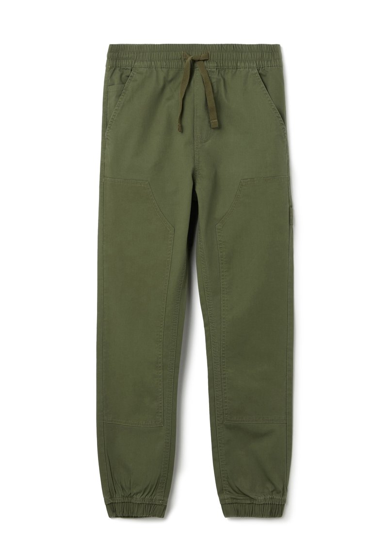 Pantalons de jogging en coton vert avec une taille élastique, un cordon de serrage et des bas de jambe effilés, dotés de poches latérales et de détails en patch.