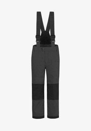 Black snow pants with adjustable shoulder straps, featuring a smooth texture, a button closure, and contrasting panel accents in a darker shade.