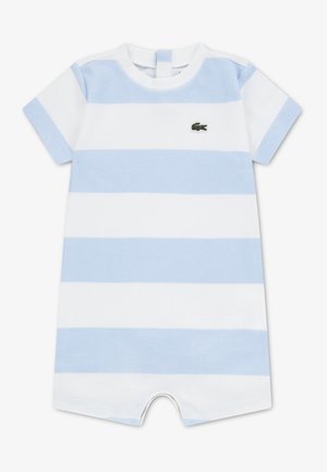 Pasek overall w jasnoniebieskim i białym bawełnie. Krótkie rękawy, okrągły dekolt, zapięcie na zatrzaski z tyłu, ozdobiony zielonym logo.