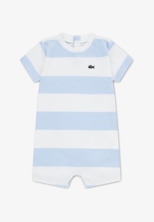 Dryžuotas visas kombinezonas šviesiai mėlynos ir baltos spalvos medvilnės. Trumpomis rankovėmis, apvaliu kaklu, snap užsegimu nugaroje, su žaliu logotipu.