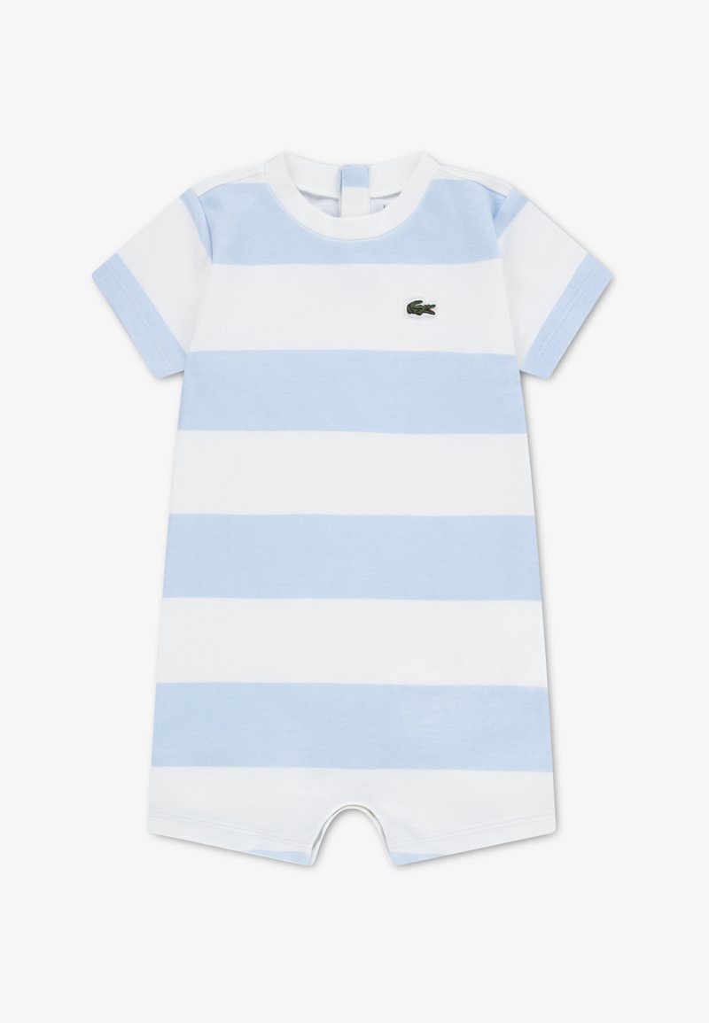 Combinaison rayée en coton bleu clair et blanc. Manches courtes, col rond, fermeture à pression au dos, présente un logo vert.