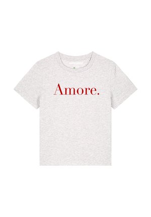 Graues Baumwoll-T-Shirt mit kurzen Ärmeln und Rundhalsausschnitt. Das Shirt hat einen auffälligen roten Druck mit der Aufschrift "Amore." auf der Vorderseite.