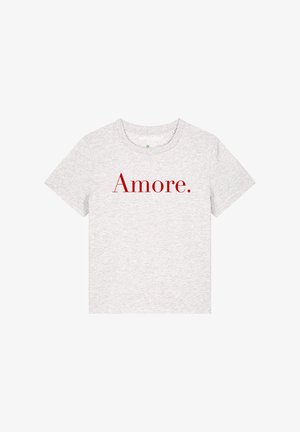 Graues Baumwoll-T-Shirt mit kurzen Ärmeln und Rundhalsausschnitt. Das Shirt hat einen auffälligen roten Druck mit der Aufschrift "Amore." auf der Vorderseite.