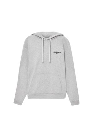 Sivá mikina s kapucňou, predným vreckom, šnúrkami a čiernym logom "ALLSAINTS" na hrudi. Mäkká tkanina z bavlneného zmesi.