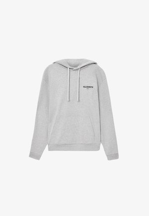 Gray hooded sweatshirt with front pocket, drawstrings, and "ALLSAINTS" logo in black on the chest. Soft cotton blend fabric.