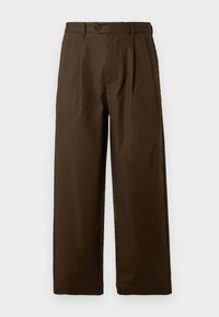 Brown straight-leg trousers with front pleats, belt loops, side pockets, and a single black button closure at the waistband.
