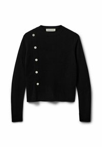 Czarny dzianinowy sweter z okrągłym dekoltem, długimi rękawami oraz bocznym zapięciem na białe guziki. Lekko skrócony fason.
