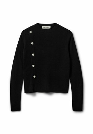 Melnas adītas džempera ar apaļu izgriezumu, garām piedurknēm un sānu aizdari ar baltām pogām. Nedaudz saīsināts dizains.