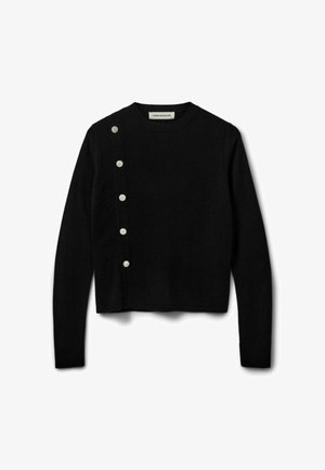 Maglione nero lavorato a maglia con scollo rotondo, maniche lunghe e chiusura laterale con bottoni bianchi. Design leggermente corto.