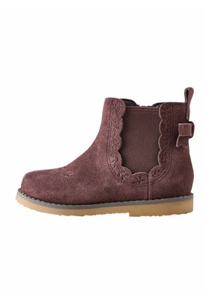 Brauner Wildleder-Stiefel mit wellenförmiger Borte, elastischem Seitenteil, Sternstickerei auf der Spitze und Gummisohle.