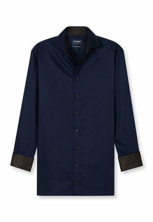 Marineblaue Langarmbluse mit modernem Schnitt. Verfügt über einen gemusterten Kontrast an Halsabschluß und Ärmeln, Knopfverschluss und eine glatte Stoffstruktur.