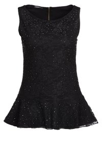 Top peplum negro sin mangas con textura de encaje, adornado con pequeños reflectores, con un escote redondeado y cremallera en la parte posterior.