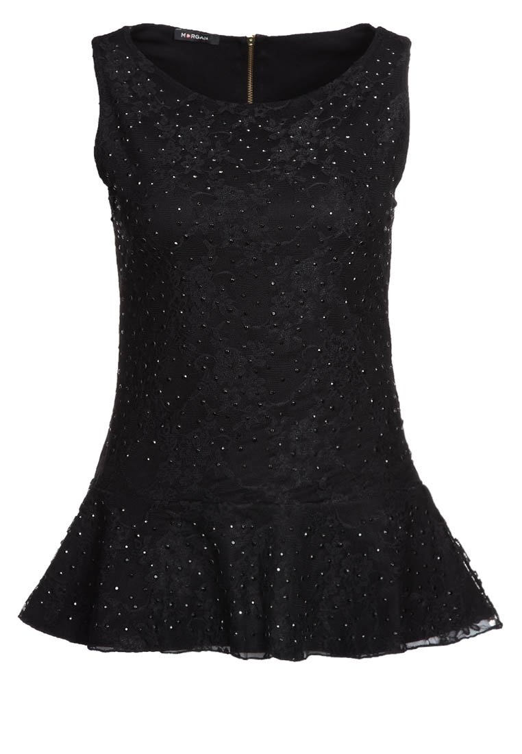 Top peplum negro sin mangas con textura de encaje, adornado con pequeños reflectores, con un escote redondeado y cremallera en la parte posterior.