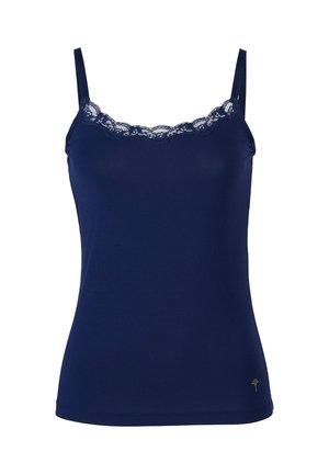 Marineblå camisole med blondetrim langs udskæringen, justerbare skulderstropper og lille gylden broderet detalje nær nederste kant.
