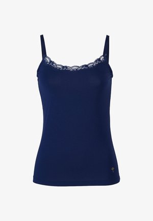 Marineblå camisole med blondetrim langs udskæringen, justerbare skulderstropper og lille gylden broderet detalje nær nederste kant.