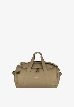 Borsa a duffel beige realizzata in tessuto resistente, con doppie maniglie, tracolla e parte superiore con zip e dettaglio a coulisse. Logo Haglöfs in evidenza.