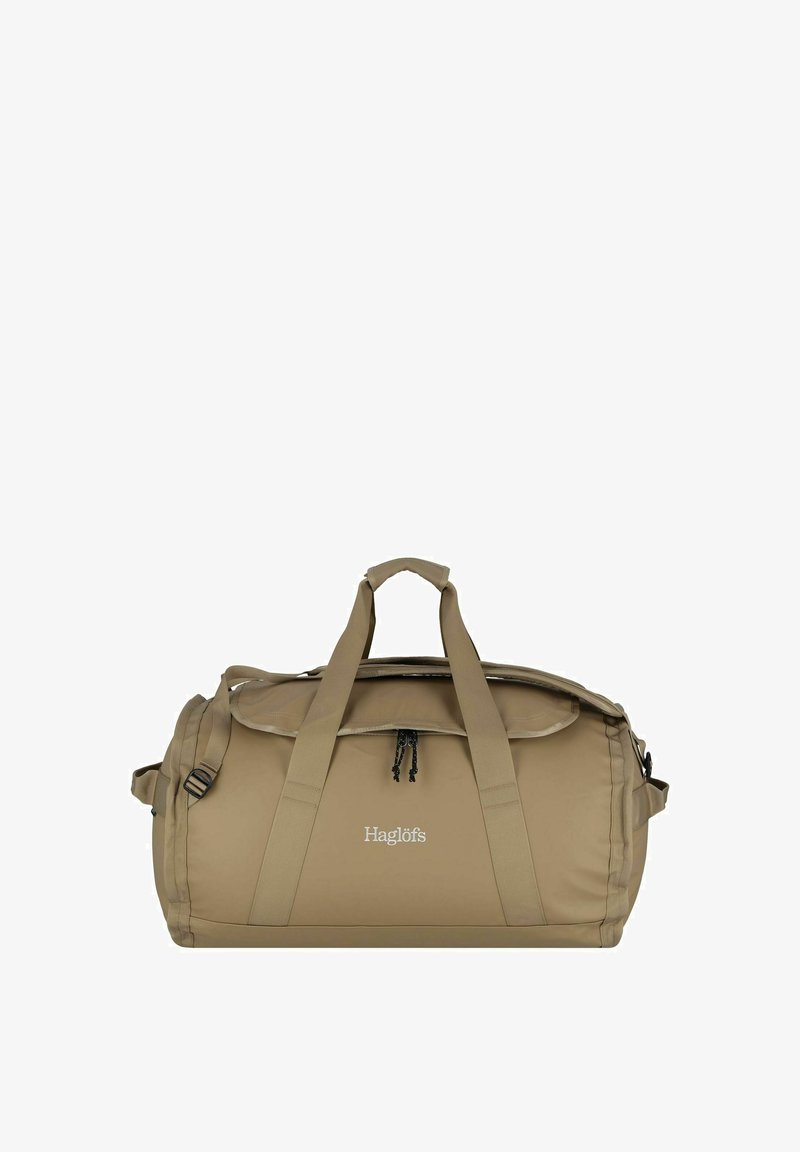 Borsa a duffel beige realizzata in tessuto resistente, con doppie maniglie, tracolla e parte superiore con zip e dettaglio a coulisse. Logo Haglöfs in evidenza.