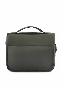 Oliwkowa, prostokątna torba z gładkiego materiału, z długim uchwytem i widocznymi przeszyciami. Posiada zamek błyskawiczny i prosty design.