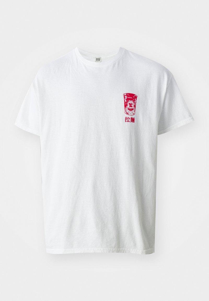 White cotton t-shirt featuring a red graphic print of a circular design and text on the left chest area. Short sleeves and crew neck.