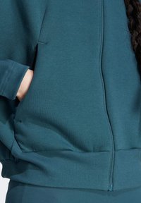 Felpa con zip color teal, con polsini e orlo a costine. Presenta una tasca a marsupio e una texture di tessuto morbido, adatta per un abbigliamento casual.