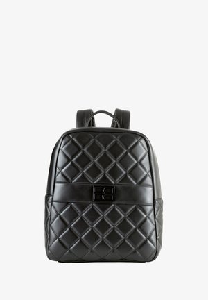 Black quilted leather backpack with a structured shape, featuring diamond patterns and a textured panel with a logo accent.