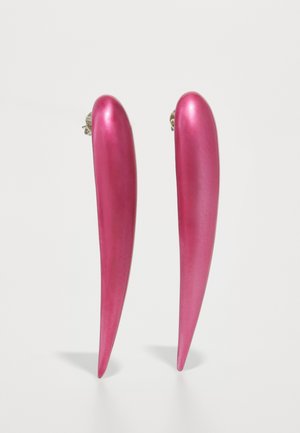 Pink earrings with a glossy, elongated teardrop shape. Made of a smooth material, featuring a simple post-back design.
