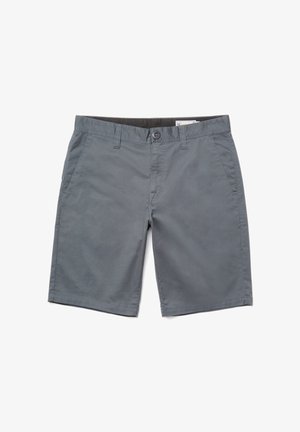 Enkle mørkegrå herreshorts med knaplukning, bæltestropper og sidelommer, lagt fladt på en hvid baggrund.