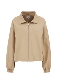 Beige bunda na zip s vysokým límcem, elastickými manžetami a zkráceným střihem, vyrobená z hladké tkaniny.