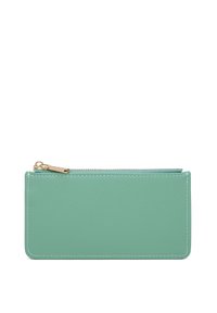 Portafoglio in pelle verde menta con superficie texurizzata, chiusura zip e cuciture bianche a contrasto. Forma rettangolare, design minimalista.