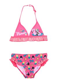 Conjunto de bikini rosa que incluye un top triangular con bordes ondulados, estampado gráfico y un fondo a juego con volantes, decorado con patrones de piñas y soles.