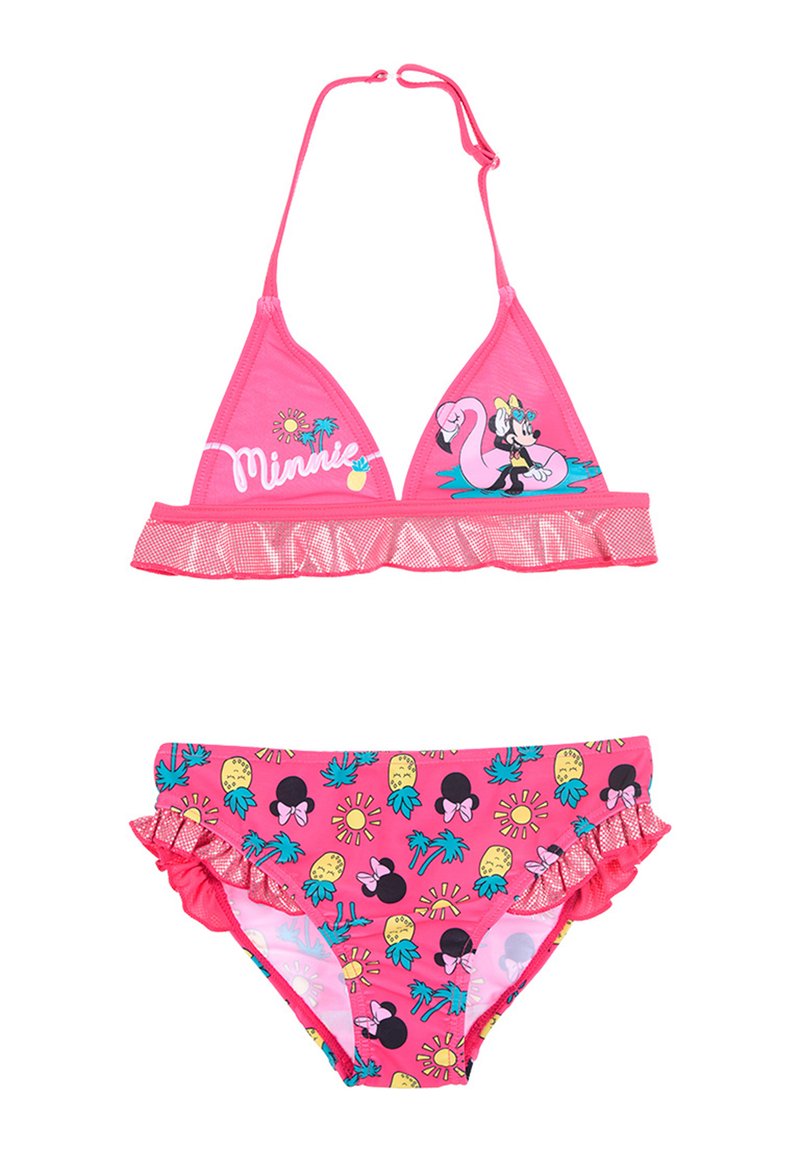 Conjunto de bikini rosa que incluye un top triangular con bordes ondulados, estampado gráfico y un fondo a juego con volantes, decorado con patrones de piñas y soles.