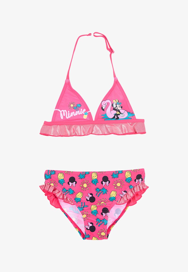 Roze bikini set met een driehoekige bovenkant met gerimpelde randen, grafische print en bijpassende gerimpelde onderkant met patronen van ananassen en zonnen.