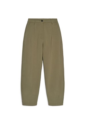 Pantaloni verde oliva a vita alta con pieghe frontali, tasche laterali, passanti per cintura e chiusura con bottone nero.