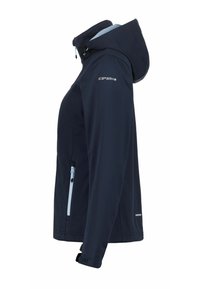 Chaqueta softshell azul marino con capucha, cremallera y forro azul claro, puños ajustables y logo "ICEPEAK" en la parte superior de la manga.