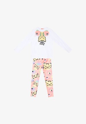 Langærmet hvid skjorte med tigeransigt og teksten "Wild Pretty" kombineret med lyserøde leggings med tigeransigter og blomsterprint.