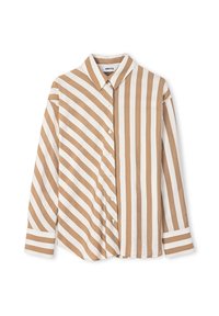 Camicia a maniche lunghe a righe marroni e bianche con colletto, dotata di bottoni lungo la parte anteriore e larghezze di righe contrastanti. Tessuto strutturato.