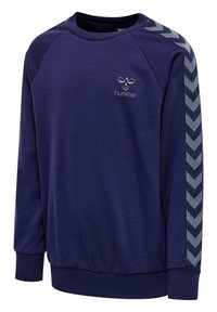Sweat-shirt marine à manches longues, col ras du cou, logo brodé décoratif et motif en chevrons contrastant sur les manches. Texture de tissu douce.