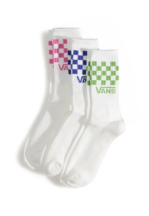 Weiße Baumwoll-Socken mit Bündchen, mit bunten Schachbrettmustern in Pink, Blau und Grün, jeweils mit "VANS"-Logo versehen.