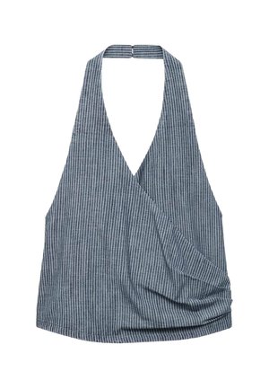 Blue and white striped halter top, featuring a deep V-neck and draped front, made of soft fabric with a smooth texture.