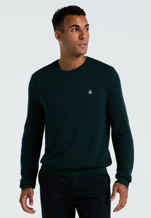 Mann, der einen dunkelgrünen Rundhals-Pullover mit einem kleinen Pinguin-Logo auf der Brust trägt, blickt nach links vor einem schlichten Hintergrund.