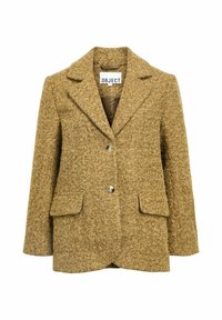 Bruine gestructureerde blazer met een notch-kraag, twee voorzakken, drie knopen en een gevoerde binnenkant. Gemaakt van een zachte, pluizige stof.