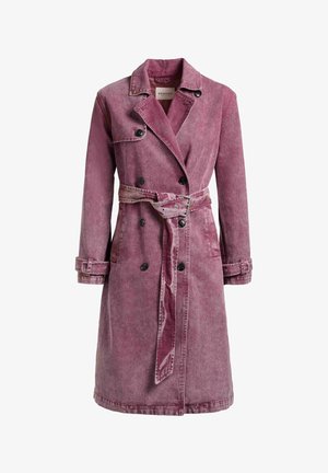Mauve double-breasted trench coat with black buttons, belt at waist, notched lapels, and adjustable cuff straps.