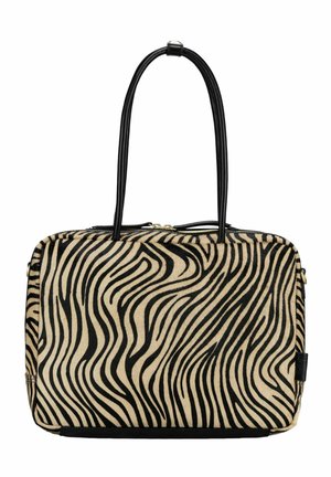 Rectangular handbag with black and beige zebra stripes, two black handles, and a top zipper closure.