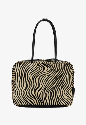 Sac à main rectangulaire avec des rayures zébrées noires et beiges, deux poignées noires et une fermeture éclair sur le dessus.