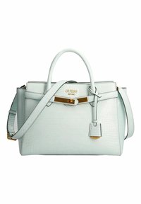 Bolso de mano de cuero con grabado de cocodrilo en azul claro, con asas dobles, correa de hombro desmontable, herrajes en tono dorado y una etiqueta colgante.