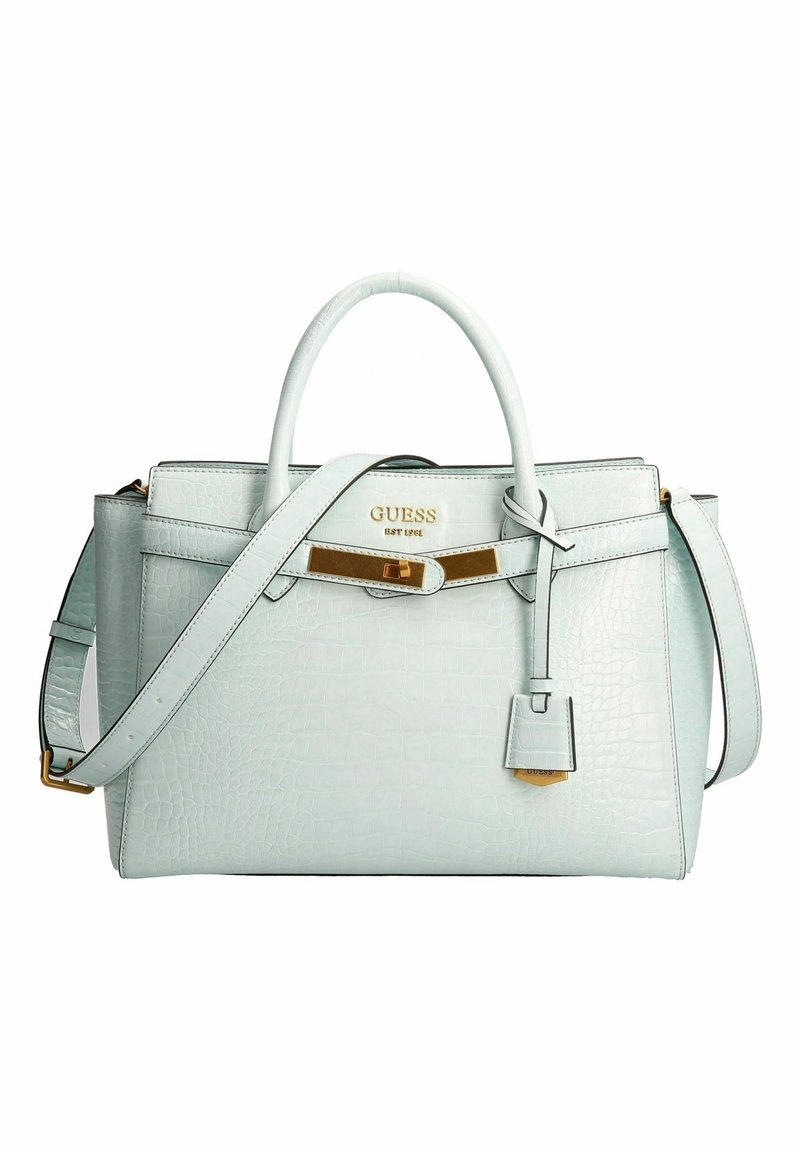 Bolso de mano de cuero con grabado de cocodrilo en azul claro, con asas dobles, correa de hombro desmontable, herrajes en tono dorado y una etiqueta colgante.