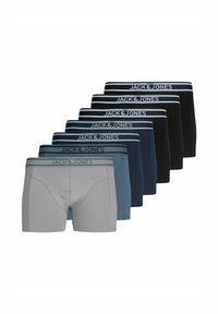 Ocho pares de calzoncillos JACK & JONES en diferentes tonos: gris, verde azulado, azul marino y negro. Cada uno presenta una cinturilla en contraste con el logo.