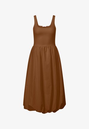 Vestido midi marrón sin mangas con corsé ajustado de canalé, escote cuadrado y falda abullonada recogida.